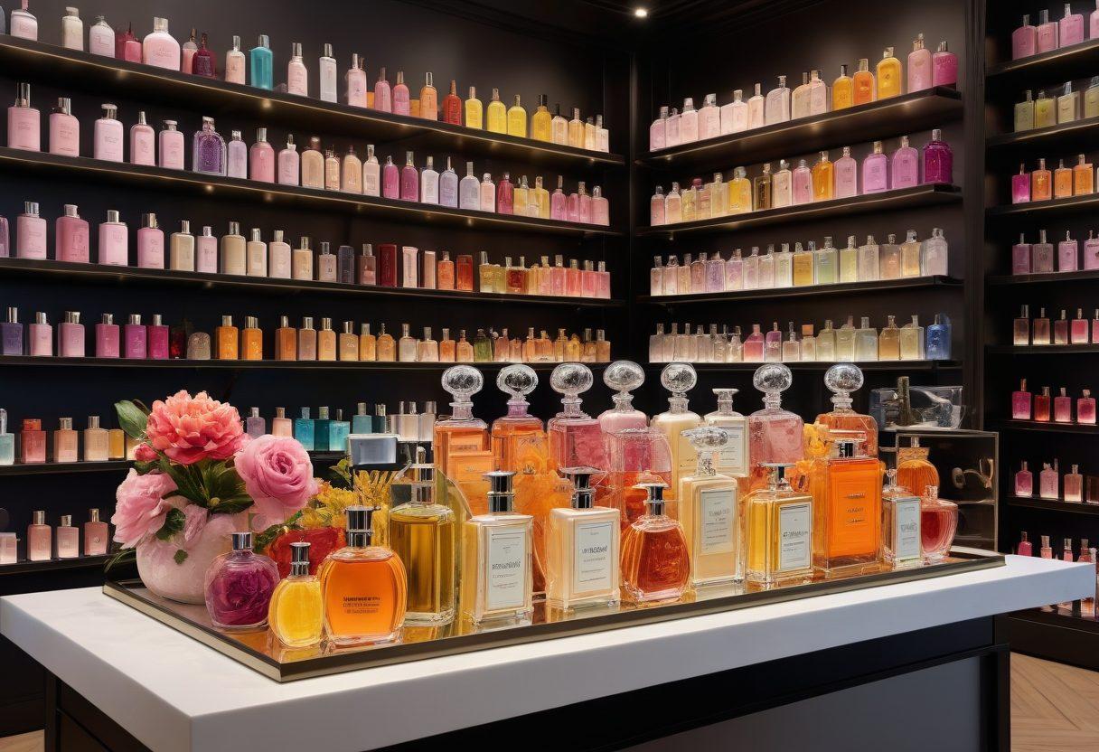 A delightful, airy scene of a virtual fragrance boutique brimming with beautifully designed perfume bottles on elegant shelves. A user is browsing through the store on a sleek tablet, with a gentle wisp of aromatic vapor floating from the screen. Lush florals, citrus fruits, and exotic spices artistically surround the scene. Super-realistic. Vibrant colors.