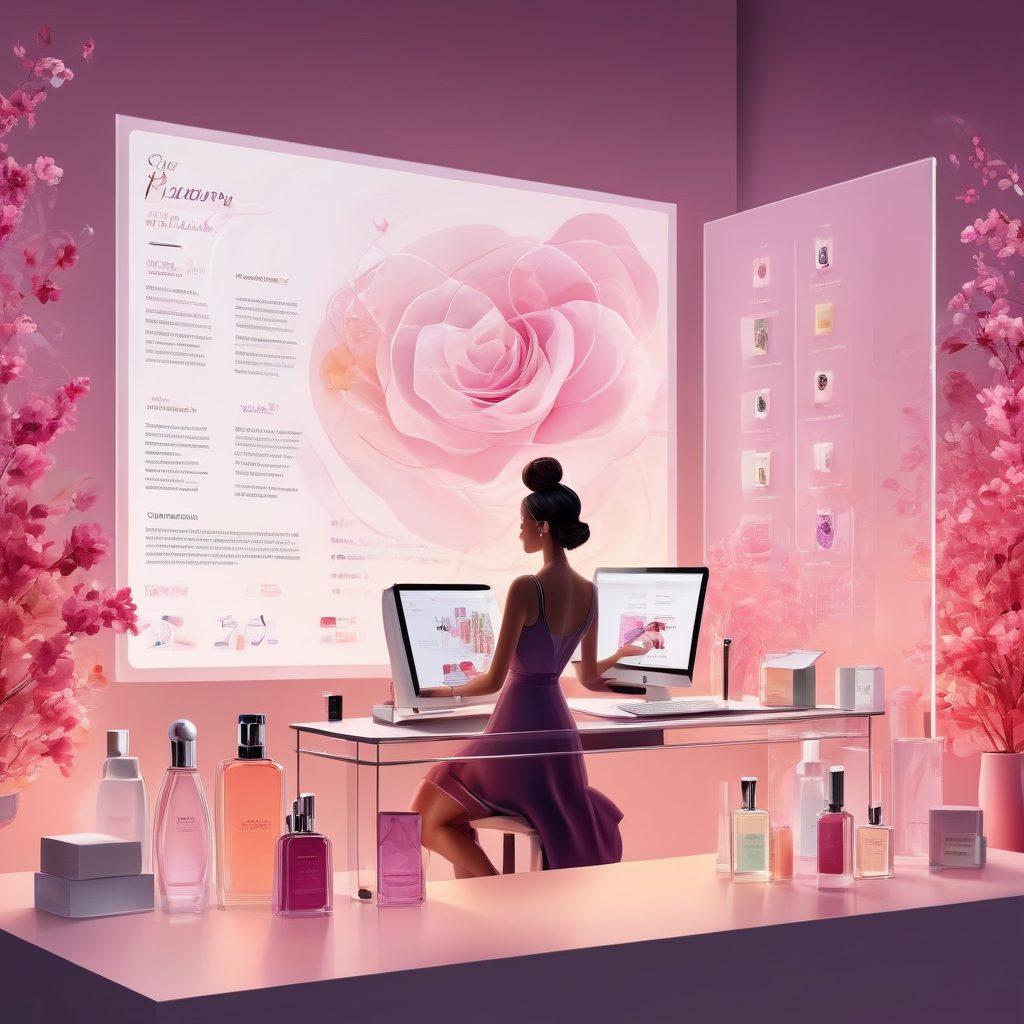 A stylish, modern woman sitting at her computer, surrounded by an array of perfume bottles and samples. The computer screen shows a website with perfume categories and reviews. The background features elegant, minimalistic decor with soft lighting. Digital scent notes and floral elements swirl around her, symbolizing different fragrances wafting through the air. vector art. vibrant colors.