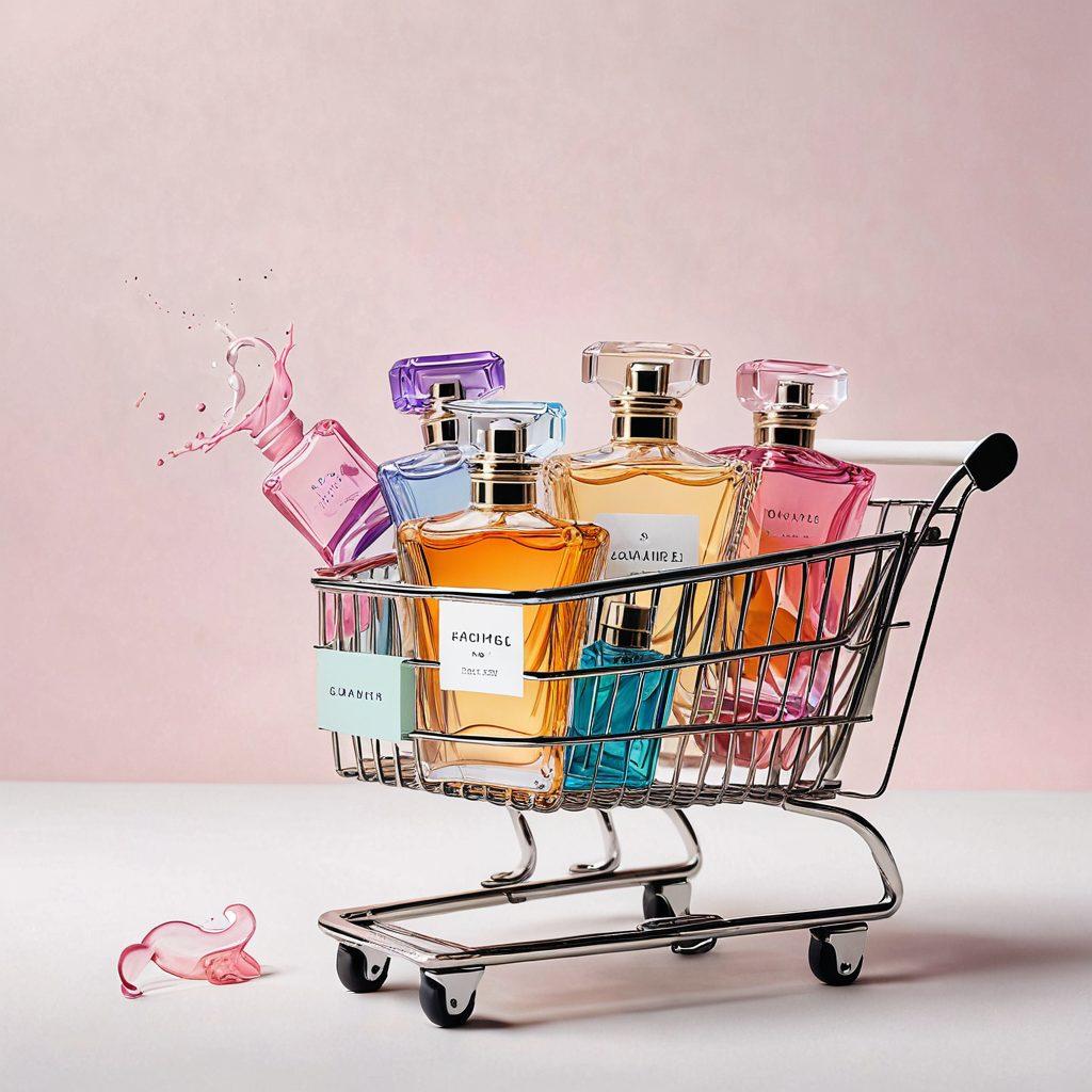 An elegant, modern e-commerce website interface featuring an array of luxurious perfume bottles, with various fragrances emanating ethereal, colorful swirls towards a shopping cart icon. Include soft pastel shades and a minimalistic, clean design. super-realistic. vibrant colors. white background.